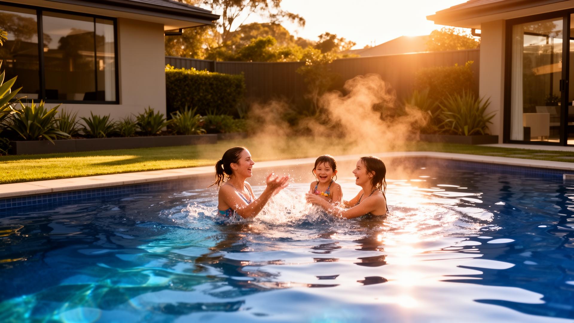 Sydney family enjoying their heated backyard pool at sunset